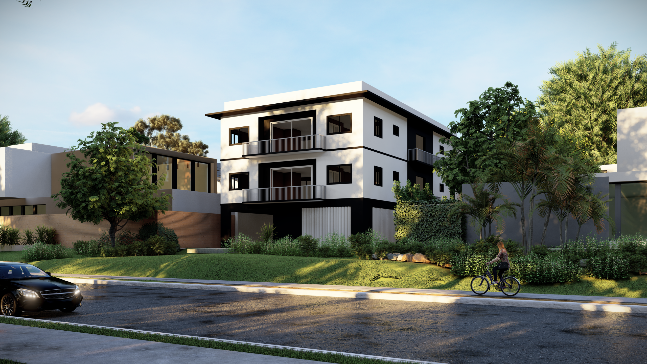 Daylight rendering of a three-story residential complex, viewed from the exterior.